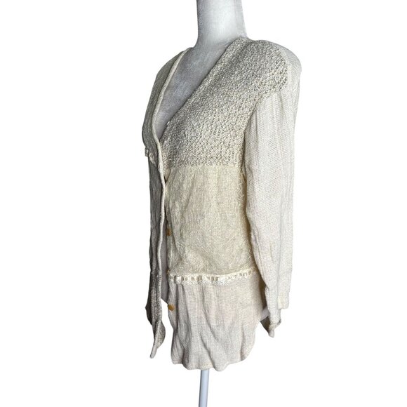 Vintage 90s Knit Patchwork Cardigan Medium Cream Linen Blend Buttons David Wayne - Picture 3 of 6